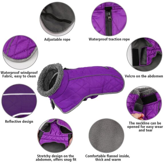 Dog Winter Coat Jacket - Reflective Adjustable Windproof Dog Turtleneck Clothes, - Picture 5 of 8